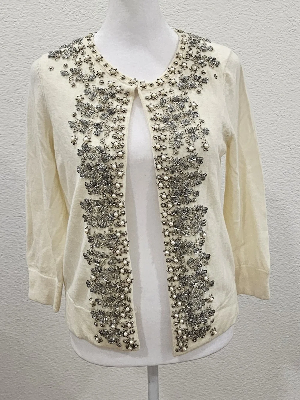 Talbots Petites SP Ivory Beaded Pearl Sequin Embellished Cardigan Lambswool